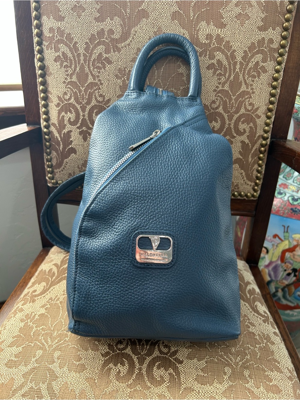 Valentina Blue Pebbled Leather Sling Backpack